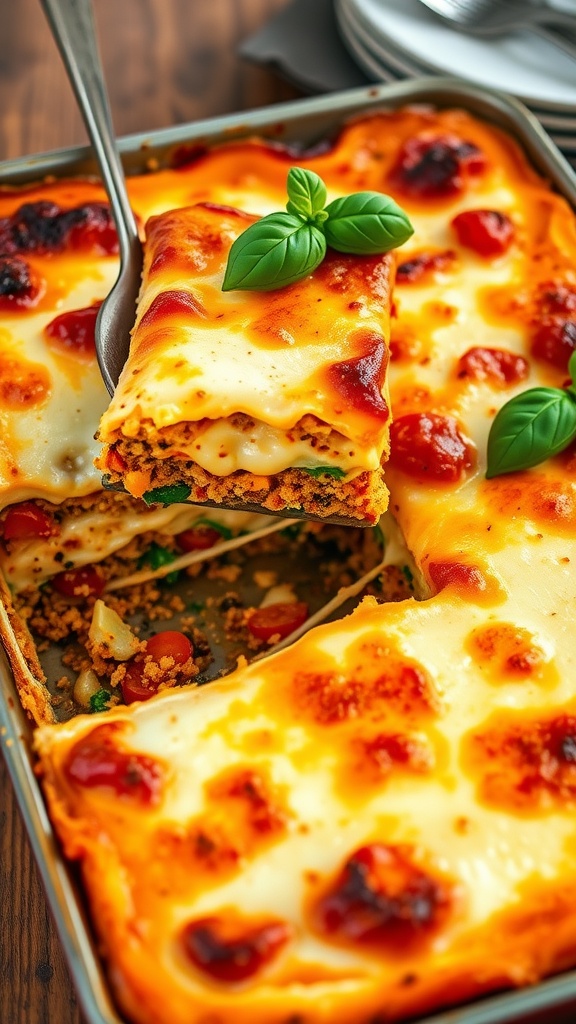 A slice of quinoa vegetable lasagna on a plate, with layers of vegetables and cheese, garnished with basil.